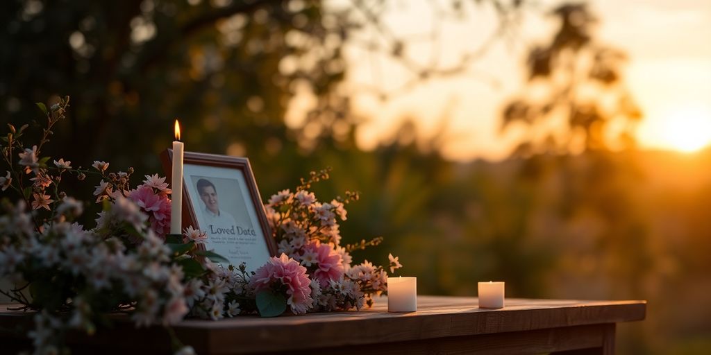 A serene outdoor memorial tribute with flowers and candles.