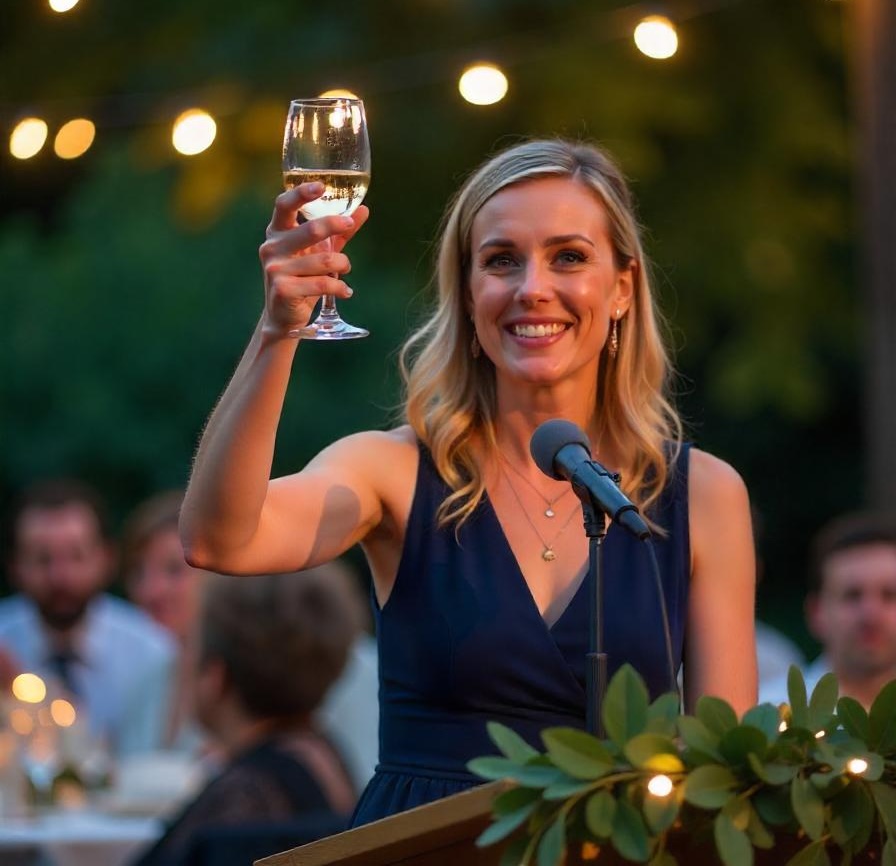 Maid of honor giving a wedding toast with guests smiling.