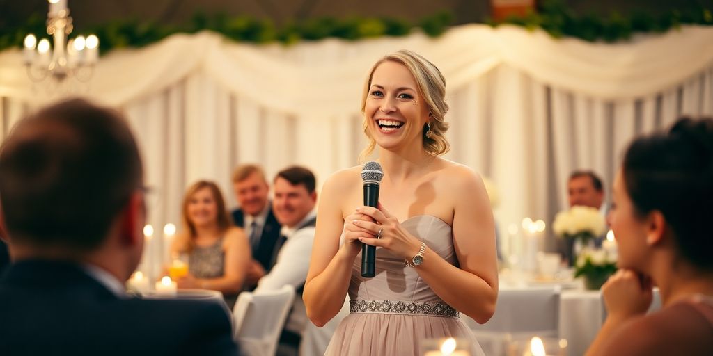 Maid of honor toasting at a wedding reception.